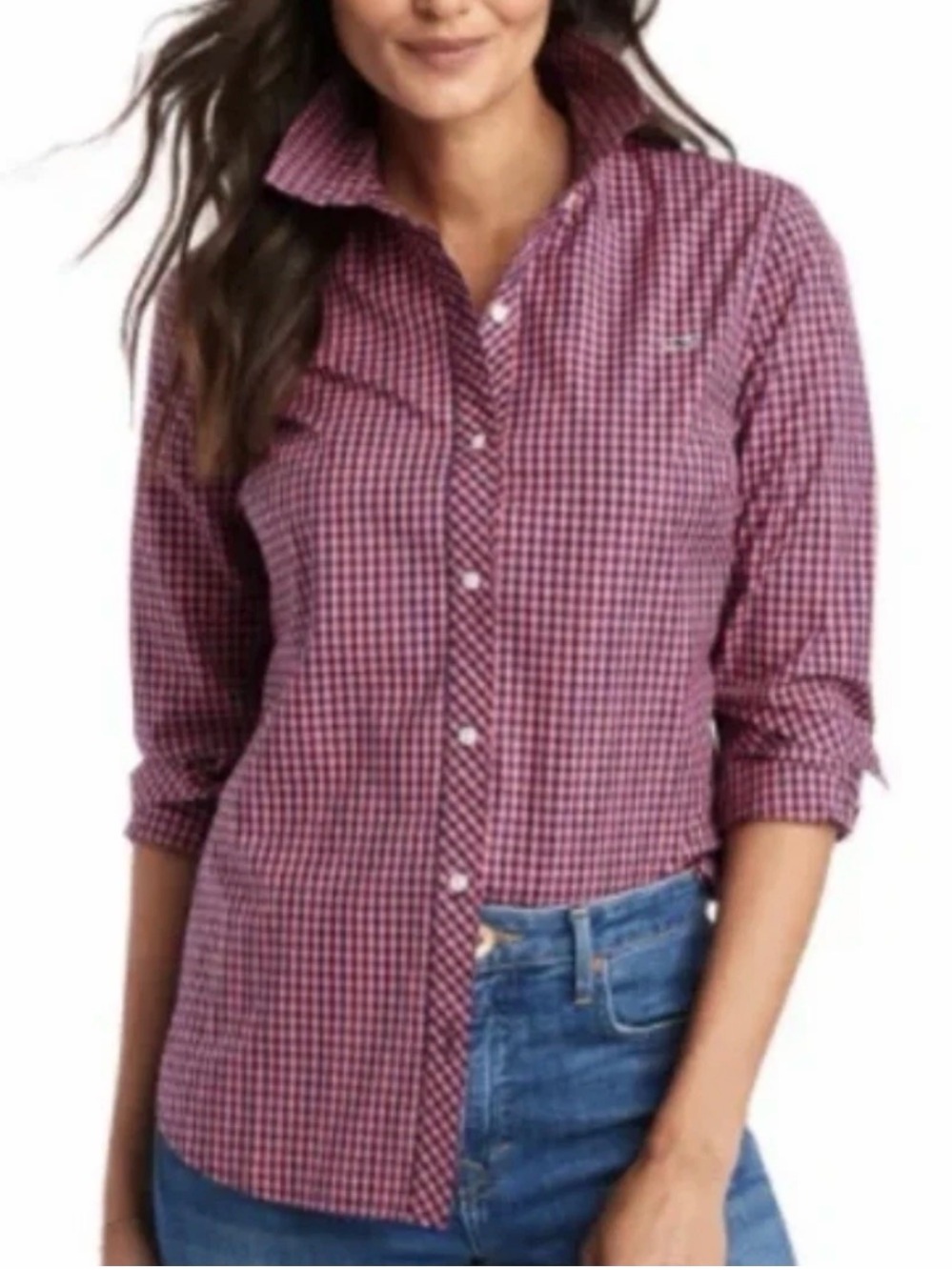 Vineyard Vines Gingham pink blue button down shirt EUC size 6 preppy Alicetown
